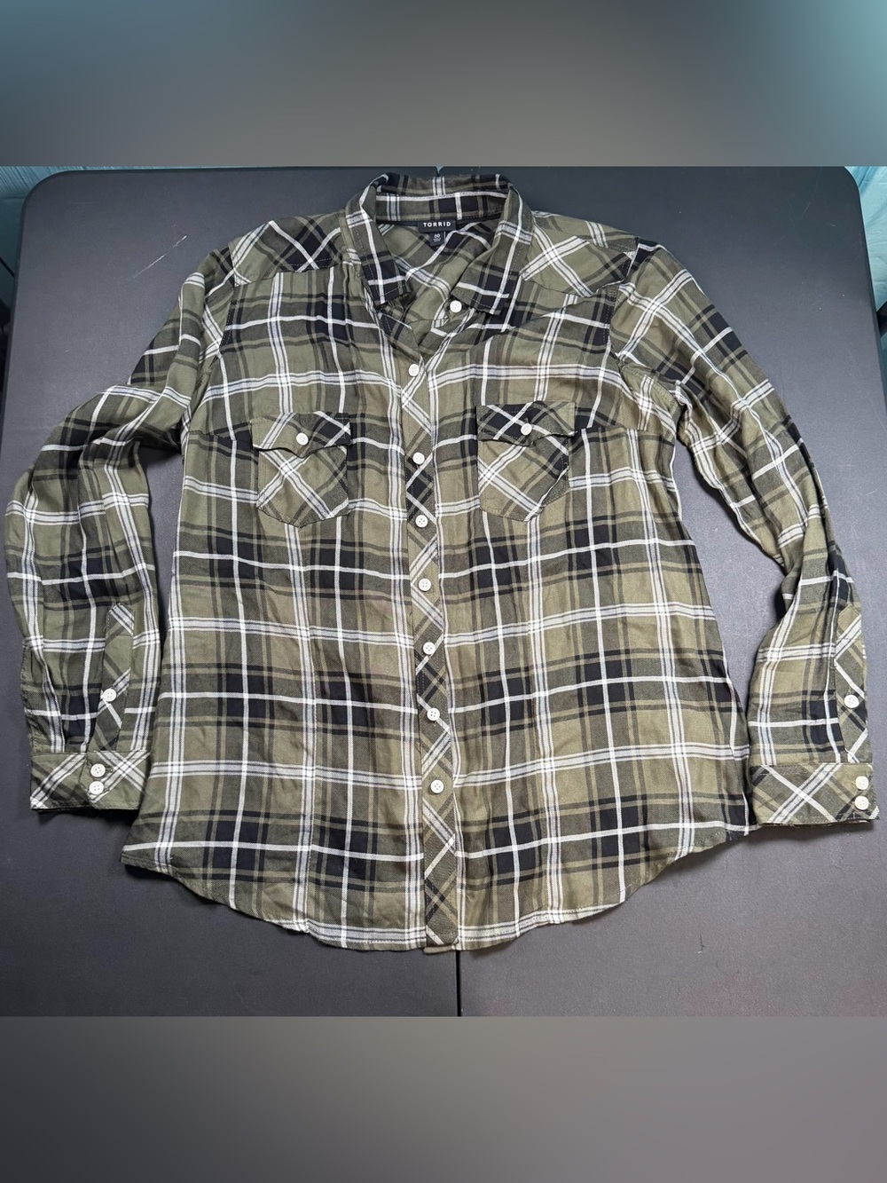 torrid Olive and Black Plaid Button-Down Shirt